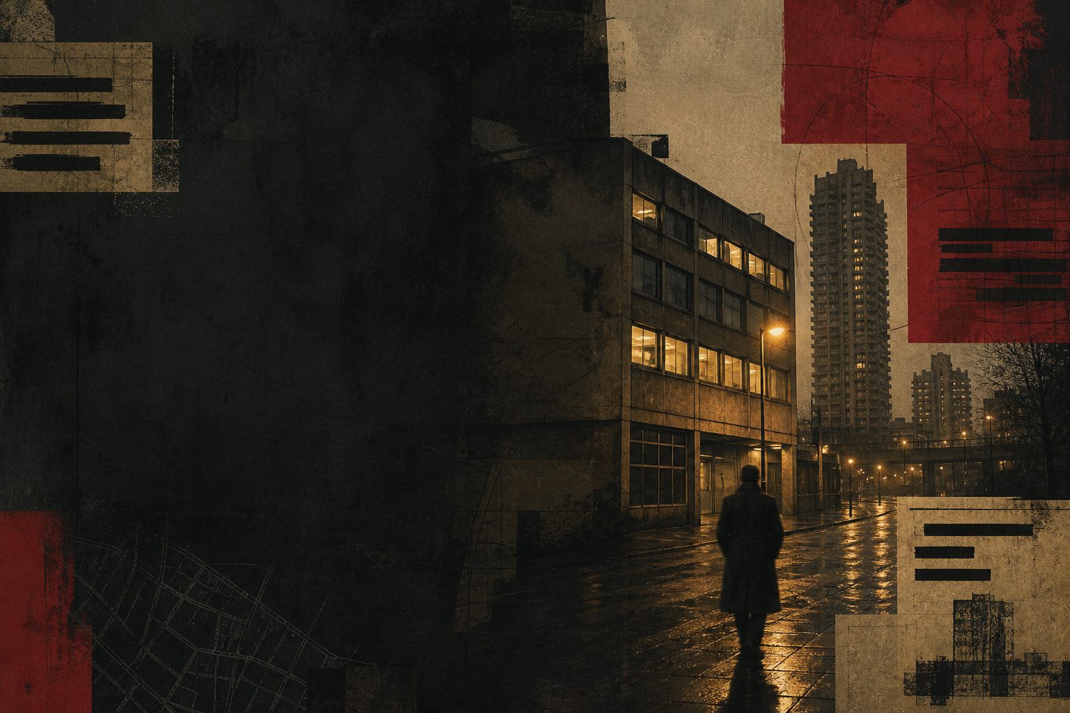 Original fan artwork of a rain-darkened London intelligence file; no actor likenesses