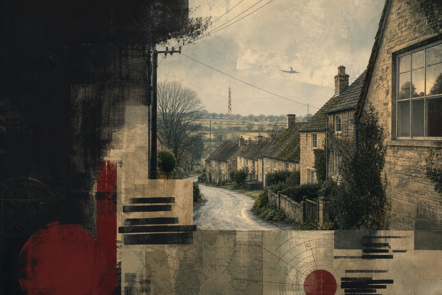 Original collage of a Cotswold village beneath subtle Cold War surveillance