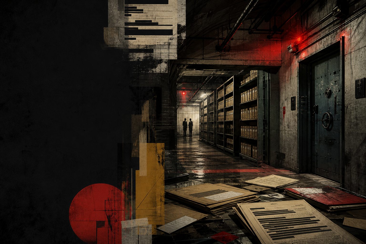 Original collage of a red-lit underground records facility