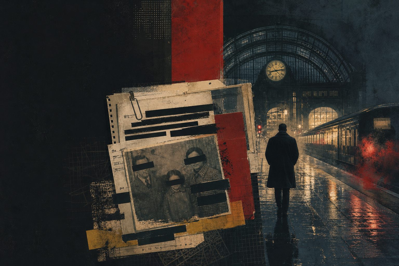 Original collage of King’s Cross, rain and a redacted family dossier