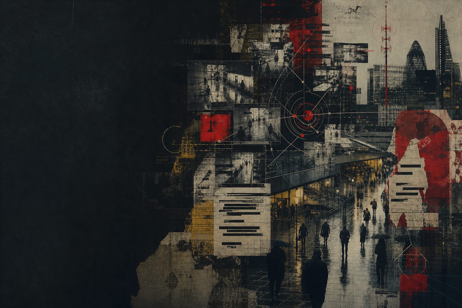 Original collage of London CCTV feeds and fractured signal diagrams