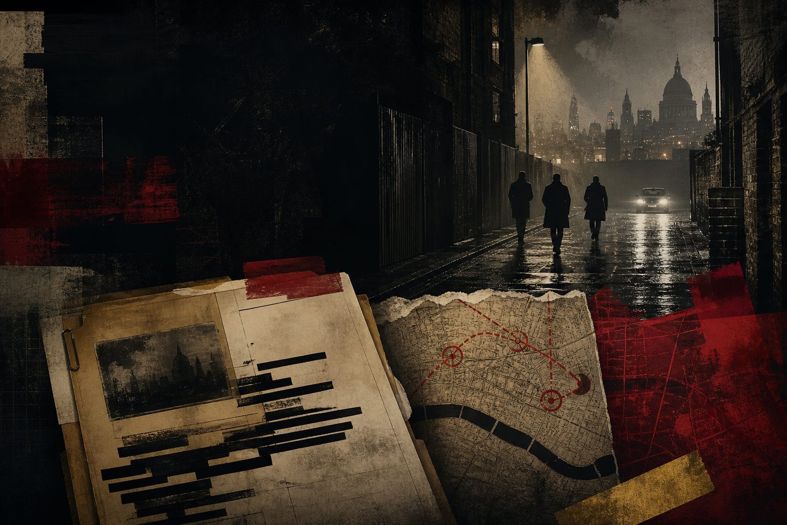 Original collage of an empty London alley, a pursuit map and distant silhouettes